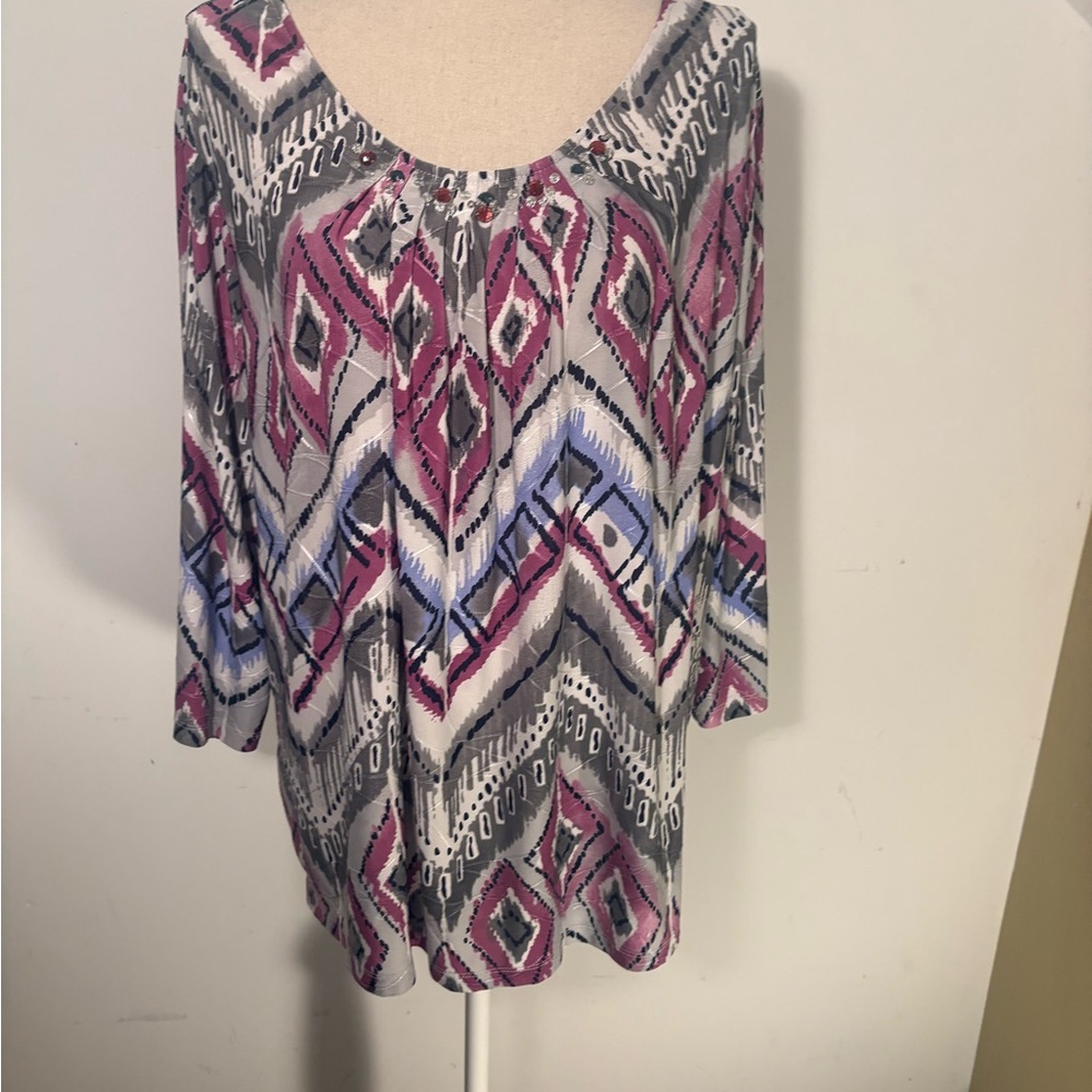 Alfred Dunner Women's Geometric Blouse - Pink, Blue, Gray